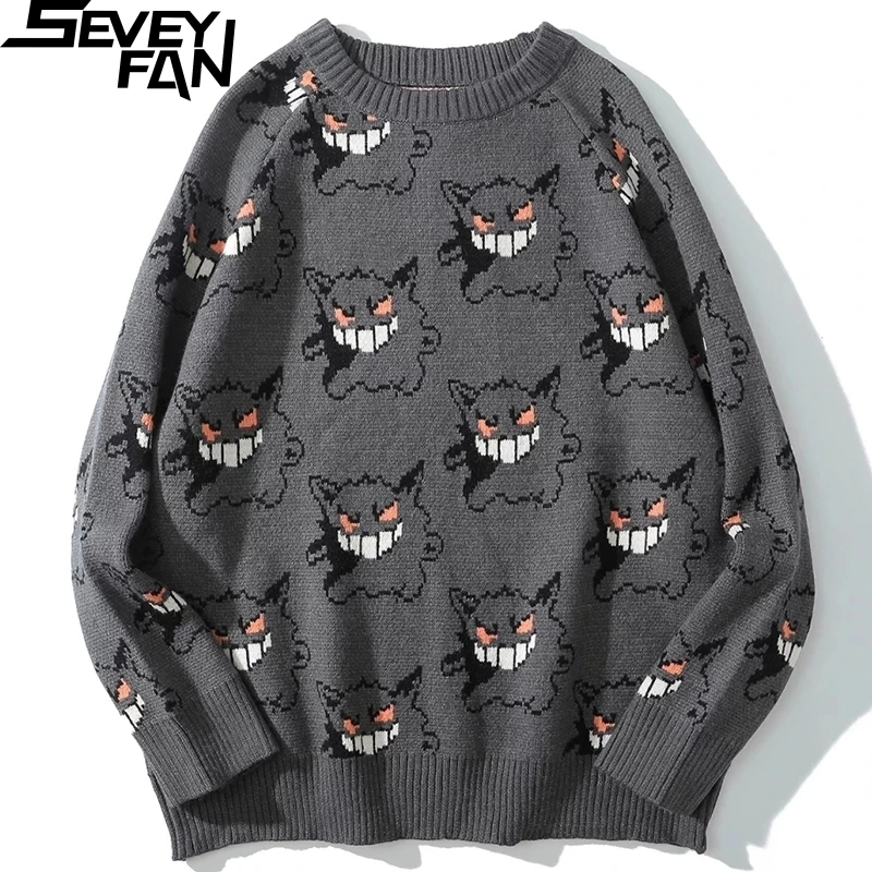 

SEVEYFAN Men's Cartoon Ghost Sweaters Hip Hop Oversize O Neck Knitwear Couples Casual Cotton Pullover