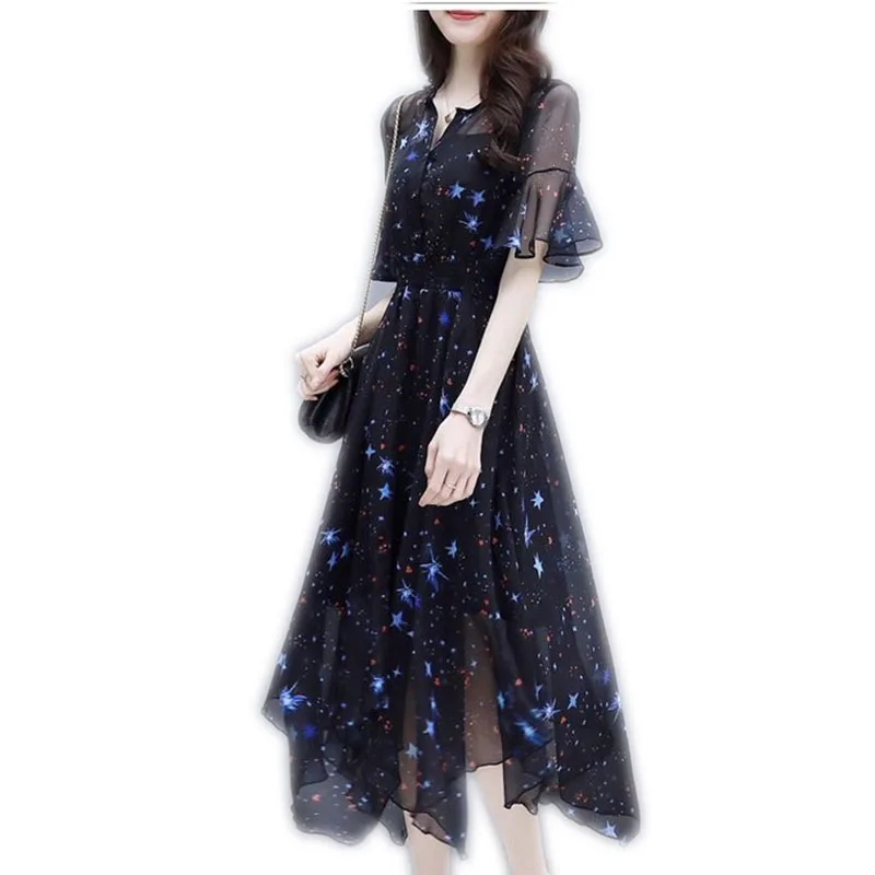 Женское платье с оборками расшитое блестками прозрачное свободное Сетчатое