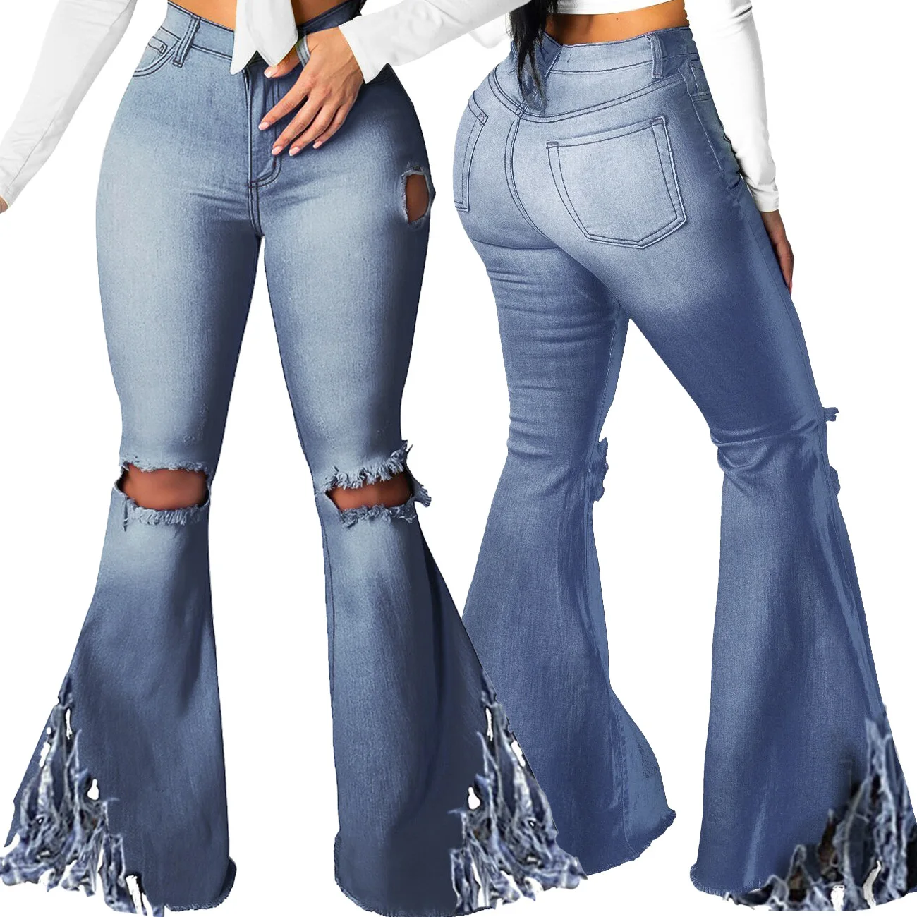 

High Waisted Ripped Slit Jeans for Women Vintage Streetwear Ripped Fashion Joker Female Tassel Hole Elastic Slim Flared Pants