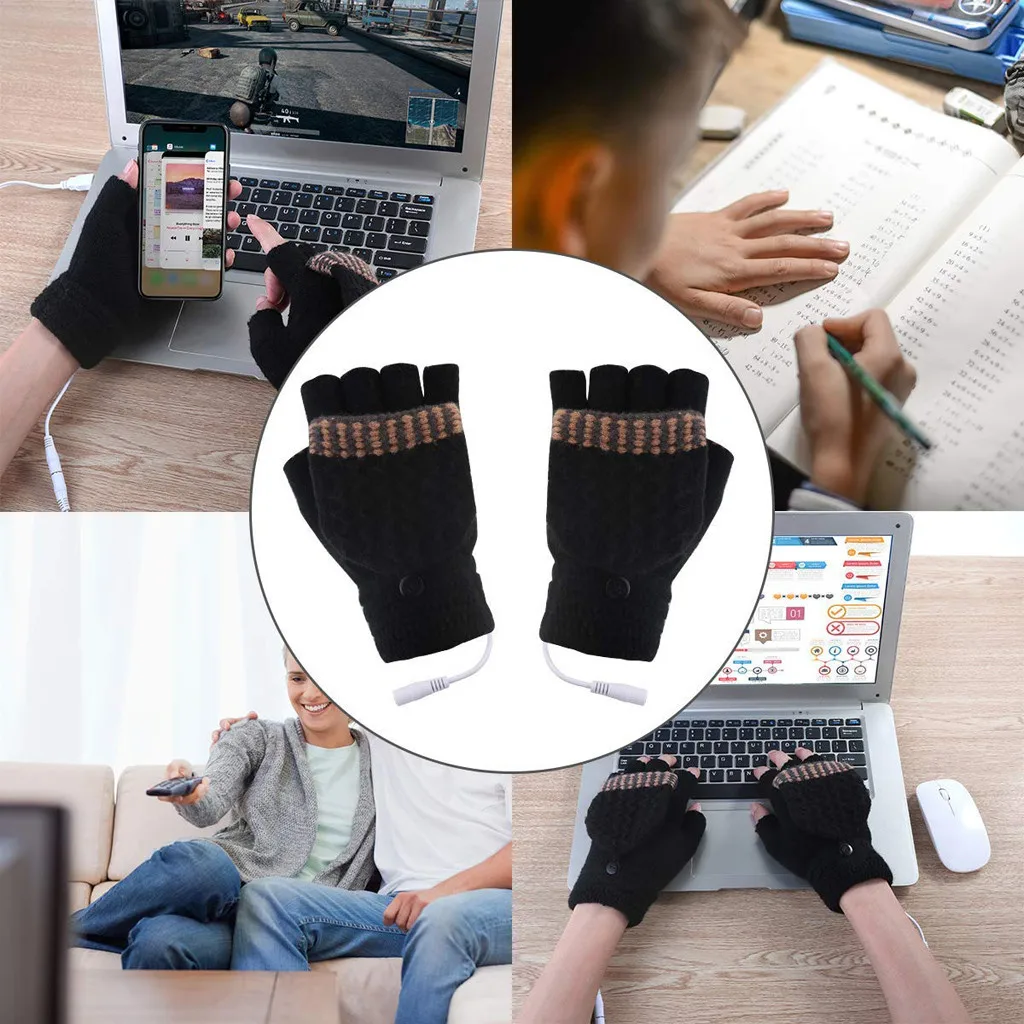 Зимние вязаные перчатки с usb-подогревом и сенсорным экраном для ноутбука, женские и мужские перчатки с подогревом, теплые вязаные перчатки