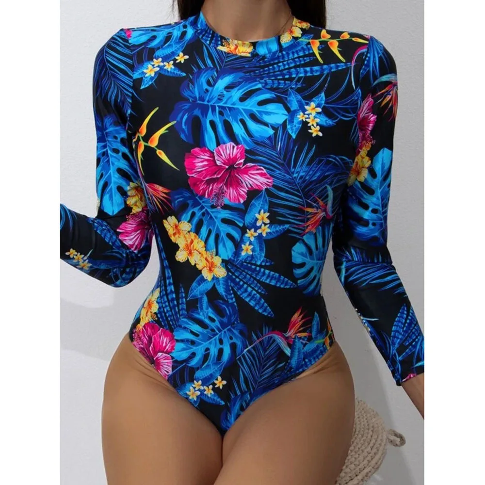 

[CX] 2021 new bikini swimsuit one-piece swimsuit printed backless swimsuit long sleeve diving suit