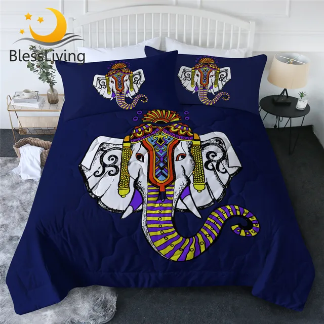 BlessLiving Elephant Bedding Set Animal Quilt Cover Purple Yellow Blue Bedclothes Tribal Bed Set Cozy Ethnic Home Textiles 3pcs 1