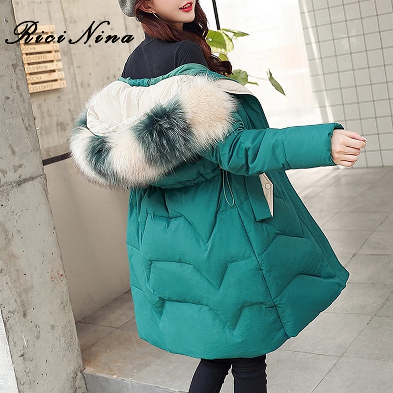 RICININA куртка большого размера женская зимняя парка с капюшоном мехом теплая на