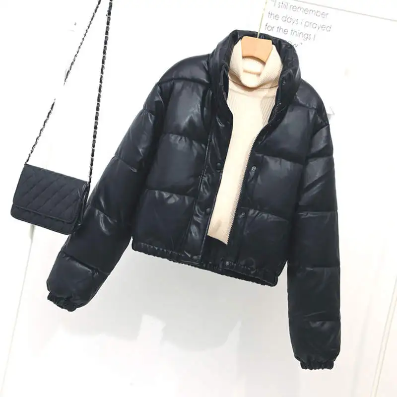 

PU Leather Cotton Padded Winter Coat Women Zipper Stand Collar Waterproof Warm Outwear Quilted Coats Short Winter Jackets C7884