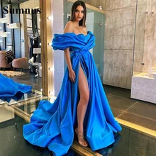 Sumnus Vestidos De Noche De satén con abertura alta, vestido De fiesta De graduación árabe, azul real, largo, sin hombros, 2022 (3)