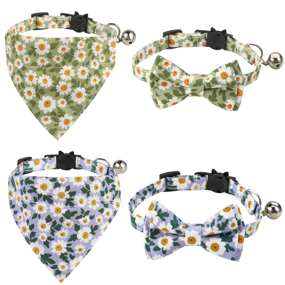 

Flower Pattern Cat Collar with Bell Summer Floral Kitten Bow Tie Adjustable Safe Breakaway Clasp Puppy Necklace Pet Accessories