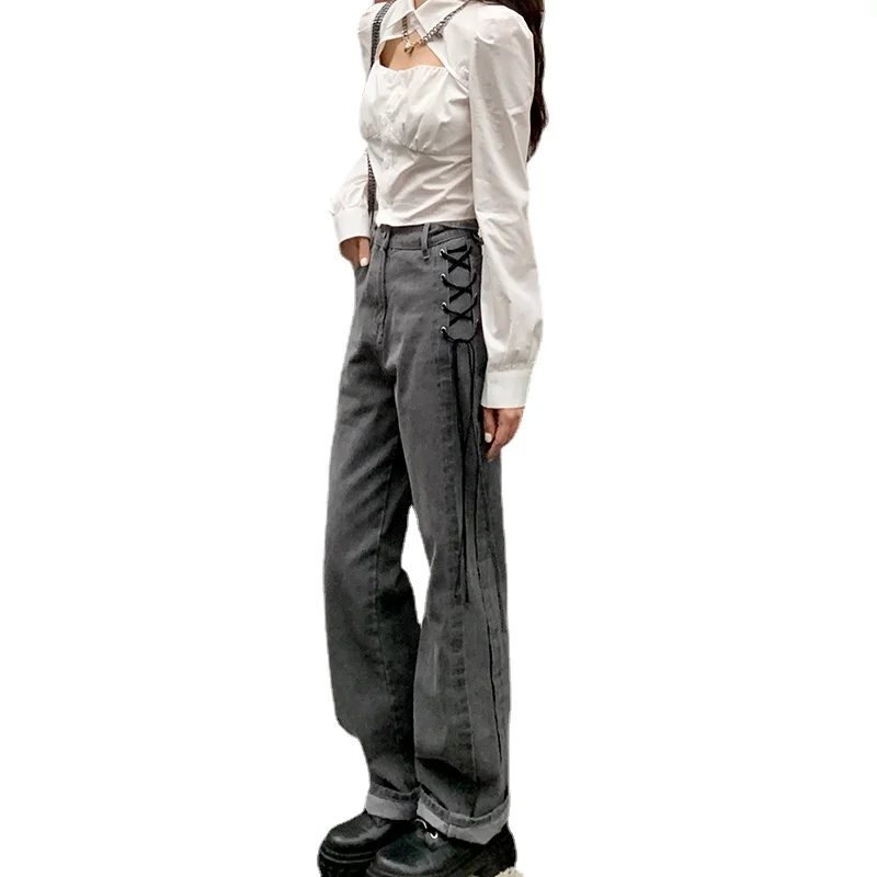 

Женские джинсы с высокой талией, серые прямые джинсы большого размера с широкими штанинами, модель 5xl на весну и осень, 2022