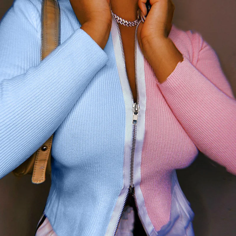 Женская облегающая футболка контрастного цвета с длинным рукавом и двойной