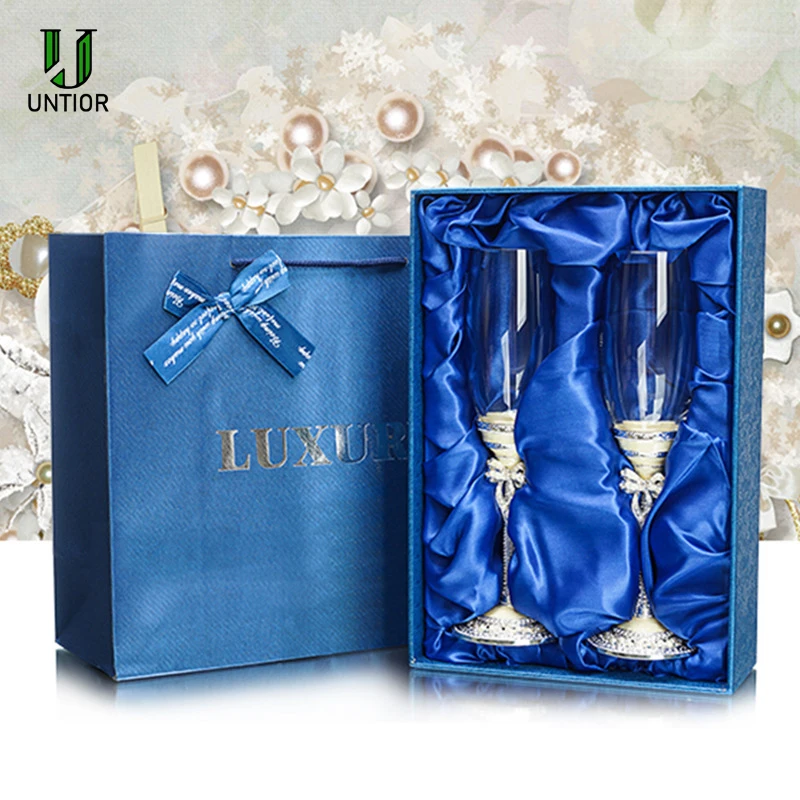 

UNTIOR 2PCS Crystal Champagne Set Pair Cup Couple Wedding Gift Party Cup Crystal Glass Bar Supplies Goblet Wine Glass Gift Box