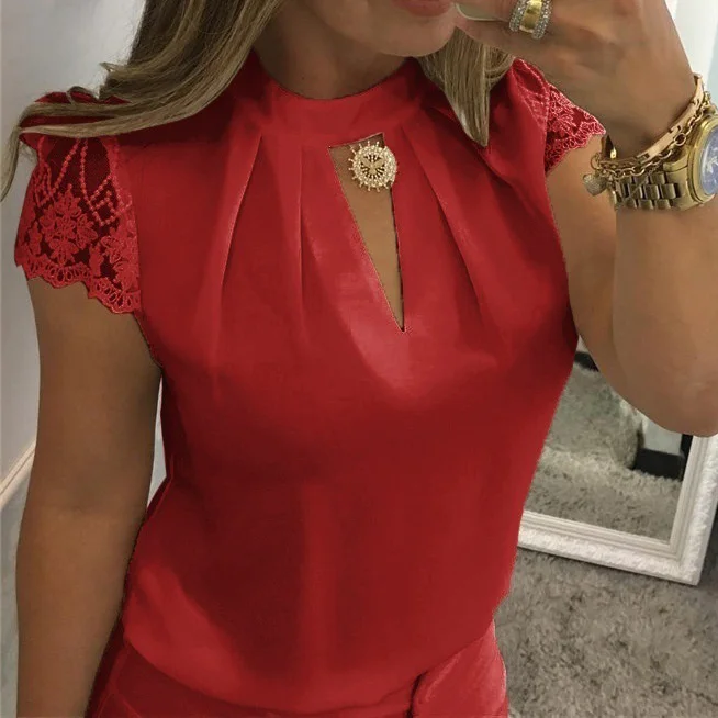 Женские сексуальные блузки шифон с коротким рукавом полые кружева топы летние