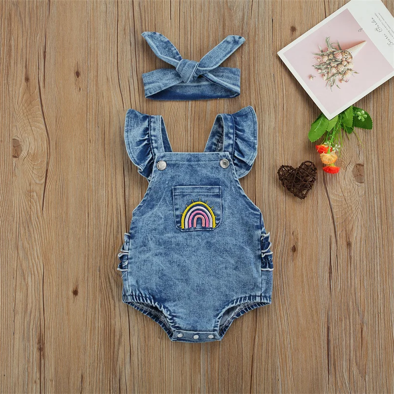 

0-18 Months Baby Girls Outfit Infant Summer Short Sleeve Lace Decoration Denim Romper + Headwear Sets Toddlers Clothes