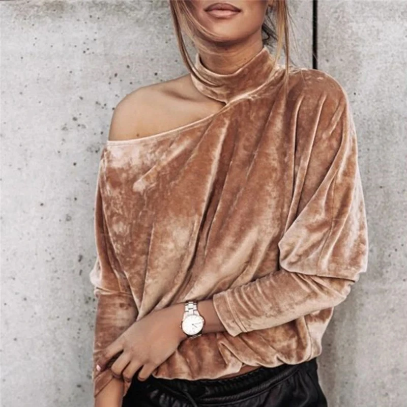 

Women Sexy Off Shoulder Skew Collar Blouse Shirt Autumn Hollow Out Batwing Long Sleeve Pullovers Casual Velvet Solid Tops Blusa
