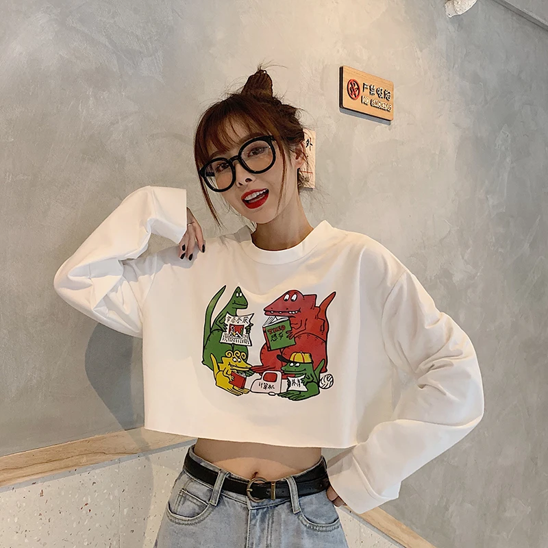 

print loose spring new korean cartoon Women's Clothing t-shirts ins crop top long sleeve Harajuku print casual fashion t-shirt