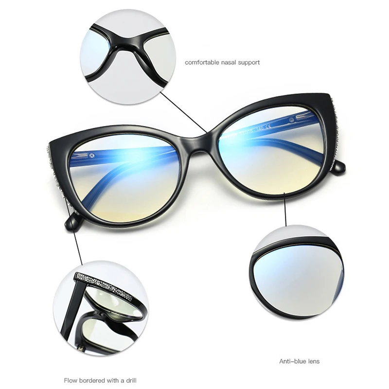 

Diamond Glasses Frame Woman High Quality Cat Eye Red Vintage Glasses Female Fashion Anti blue Light Computer Eyeglass Frame