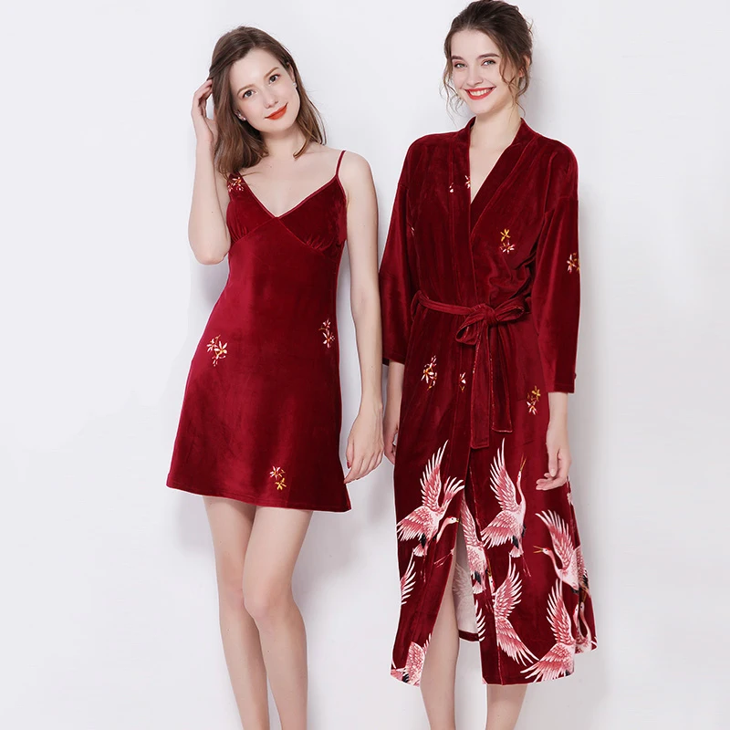 wine red 2PC set Брендовая дизайнерская Новая велюровая свадебная одежда невесты, халат для невесты, женское кимоно, банное платье большого размера, Повседневная Ночная рубашка - Цвет: wine red 2PC set