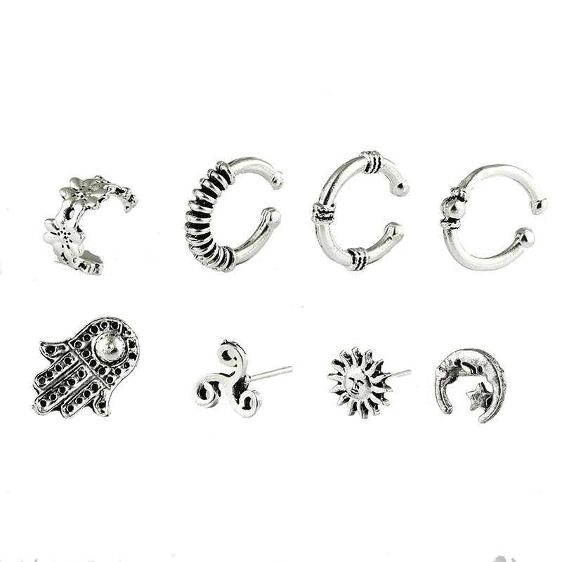 Punk Style Silver Color Earrings Sets for Women Ethnic Bohemia Clip Stud Feather Leaf Owl Jewelry Wholesale | Украшения и