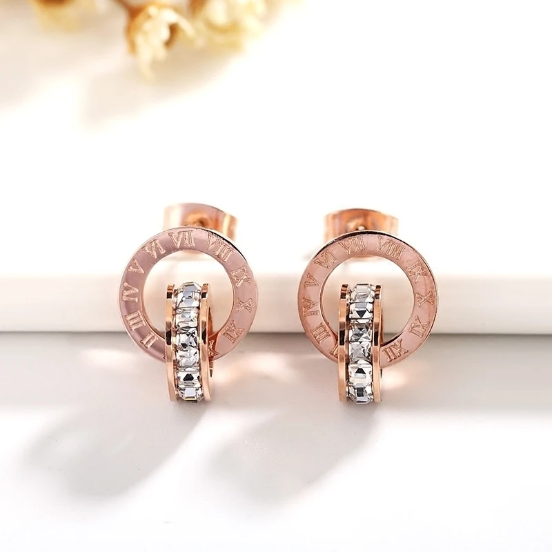 

YUN RUO Rose Gold Silver Color Roman Numerals Zircon Stud Earring Woman Titanium Steel Fashion Jewelry Never Fade Drop Shipping