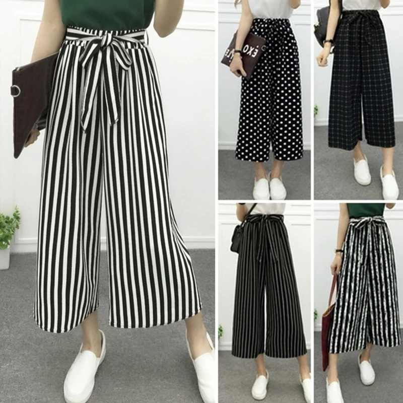 

Women's Fashion Wide Leg Long Casual Summer Flare High Waist Elastic Waist Striped Loose Culotte Trousers Cropped Pants