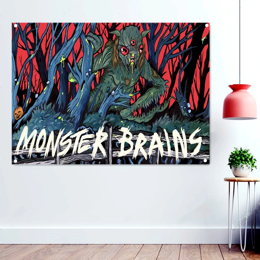 

MONSTER BRAINS Rock Music Band Banners Wall Art Home Decoration Death Metal Artist Poster Scary Blood Skull Flags Hanging Cloth