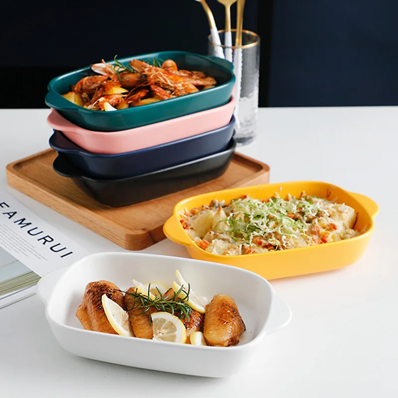 

9" Nordic Creative Matte Binaural Rectangle Ceramic Plate Household Baking Tray Western Salad Plate Oven Tableware Dinner Plate