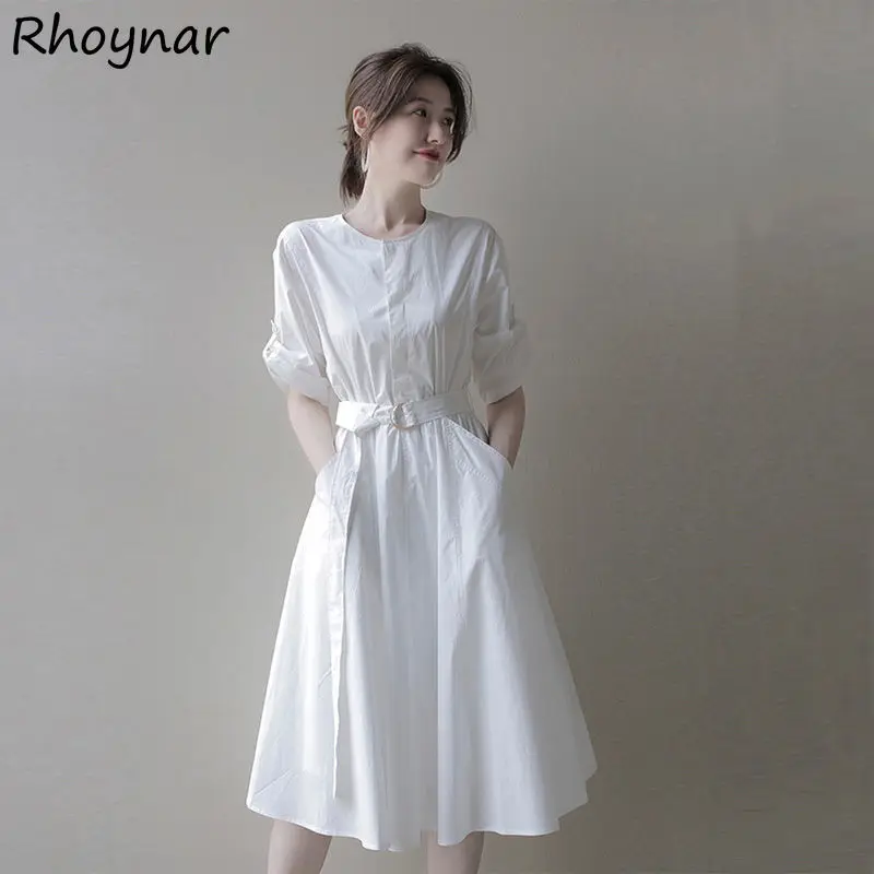 

A-line Dress Women Elegant White Streetwear Summer Short Sleeve Vintage Basic O-neck Slim Casual Sashes Fashion Office Lady Chic