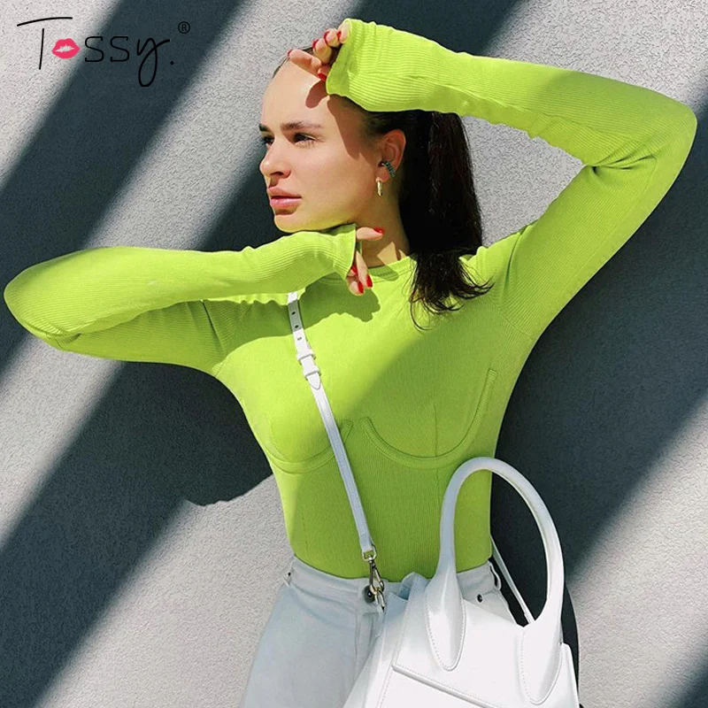 

Tossy Women's Black Crew Neck Long Sleeve T Shirts Bodysuit Slim Sexy High Waist Jumpsuit Autumn Casual Ribbed Suits Clubwear