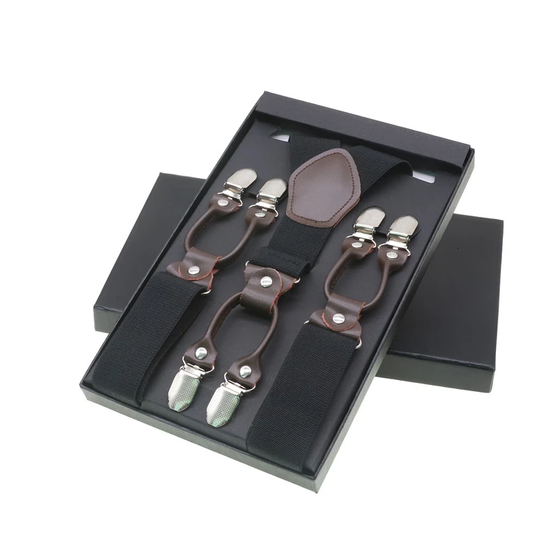 Black With Box Мужские модные подтяжки коричневые из натуральной кожи 6 зажимы подтяжек винтажные повседневные брюки в западном стиле регулируемые подтяжки - Цвет: Black With Box