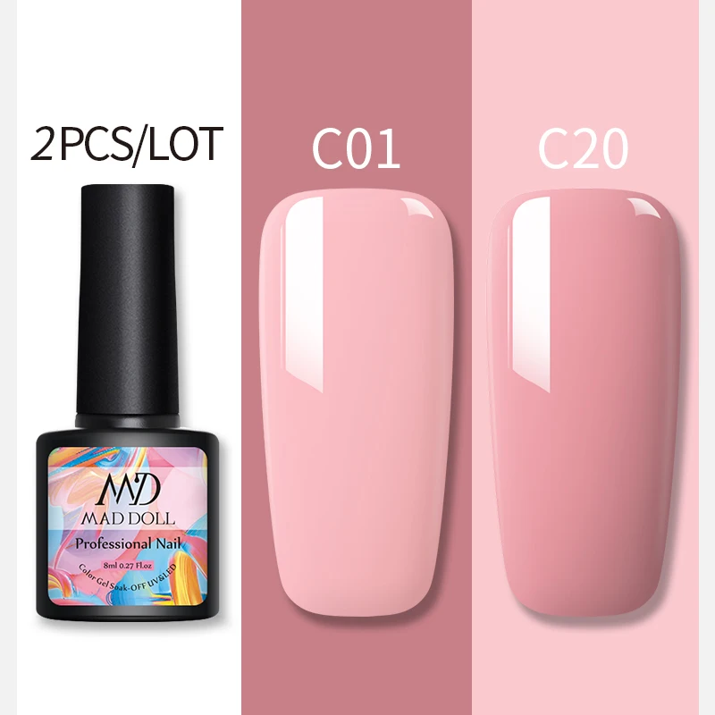 C01C20 2 бутылки 8 мл MAD DOLL УФ-гель для ногтей чистый цвет и Блестящие Блестки долговечный впитывающий Гель-лак для нейл-арта - Цвет: C01C20