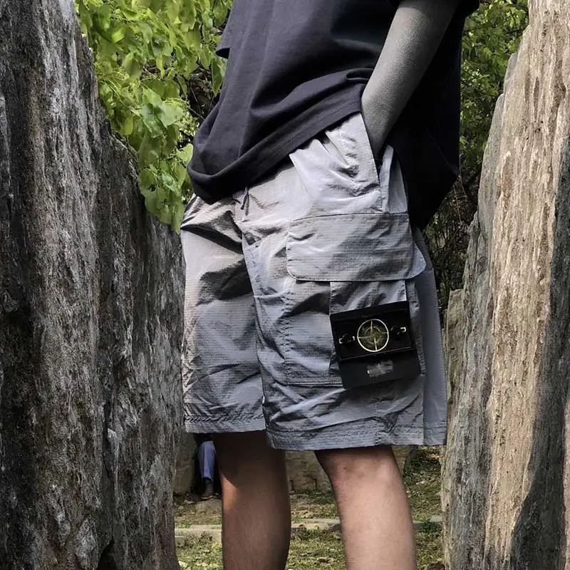 

Metallic nylon shorts for men and women. Loose, thin overalls in embroidery men pants joggers men cargo pants