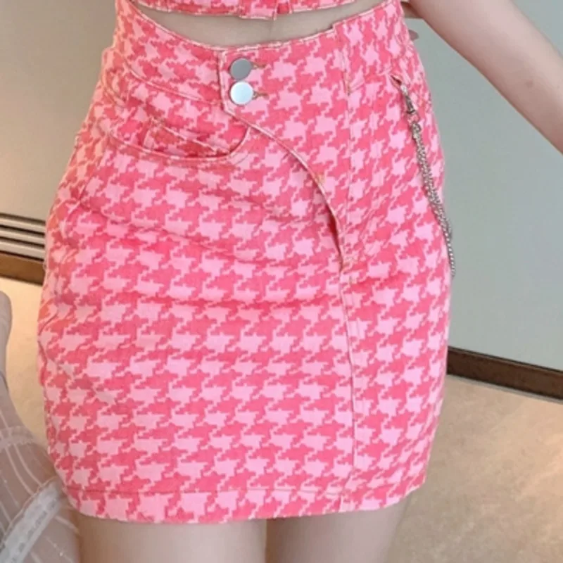 

2021 Summer New Two Piece Sets Women Vest French Fashion Sexy Thousand Bird Lattice Thin Denim Mini Skirts Suits Ensembles Femme
