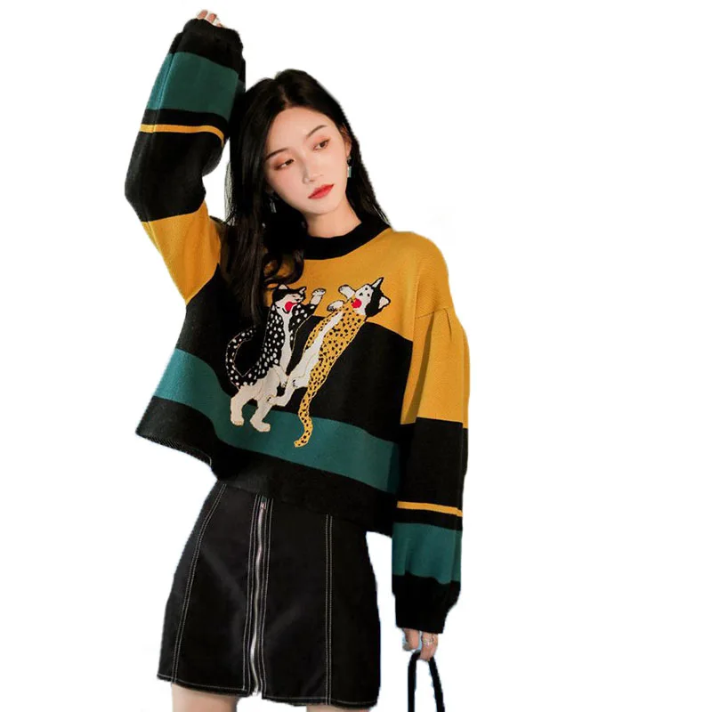 

Original Design Fashion Embroidery Cat Loose Knitting Knitted Sweater Women Pullover Pull Femme Jumper Streetwear Autumn Sweter