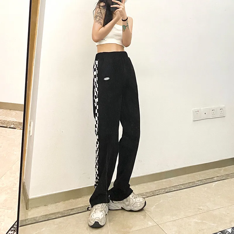 

Модные женские брюки шахматная клетка с высокой талией свободные эластичные рабочие брюки прямые брюки хип-хоп спортивные брюки с карманам...