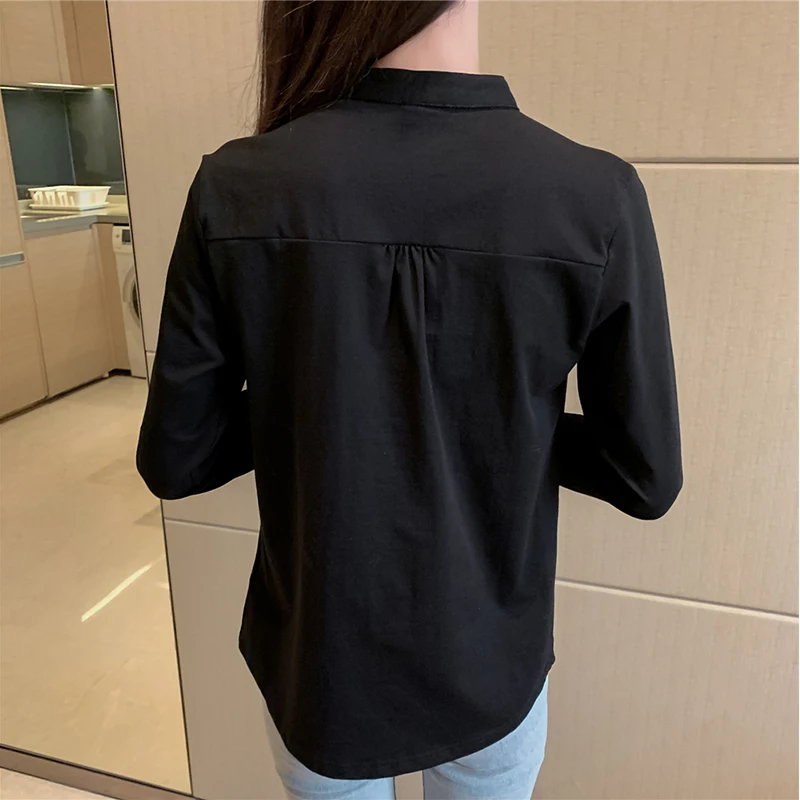 

Black Basic Blouses Women's 2021 Summer New Elegant Office Ladies Long Sleeve Shirt Fashion Korean Double Breasted Straight Tops