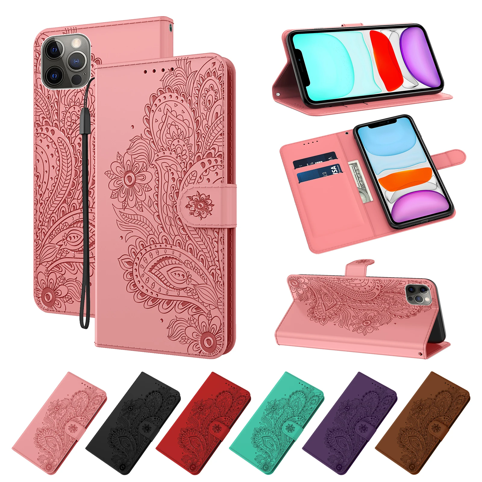 

For iPhone 11 Pro Max 12 Mini X XS XR 6s 7 8 Plus SE2020 Case Full Protection Soft TPU Embossed Leather Cover Kickstand Fundas