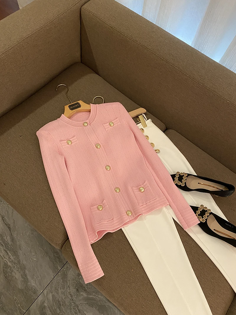 Женский облегающий вязаный свитер на пуговицах розовый кардиган Осень-зима 2021 |