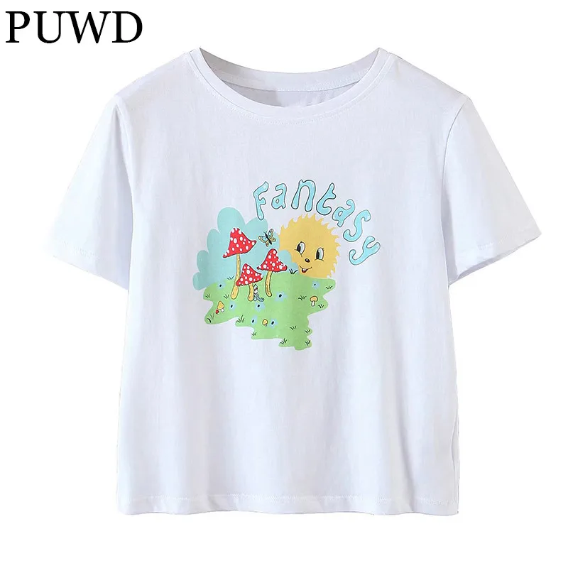 

Повседневная Женская облегающая футболка PUWD, женские укороченные топы с круглым вырезом и мультяшным принтом, Модный женский шикарный топ ...