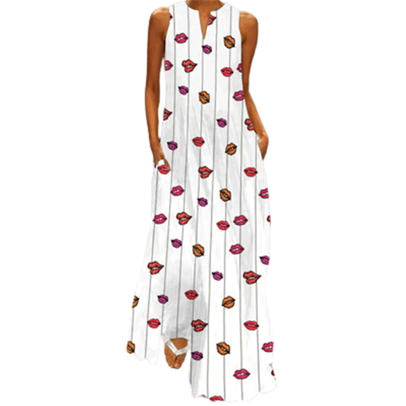 

New 2021 Bohemia Women Lip Print Dress Loose Casual V-Neck Sleeveless Femme Long Dress Summer Beach Pocket Dresses Robe Vestidos