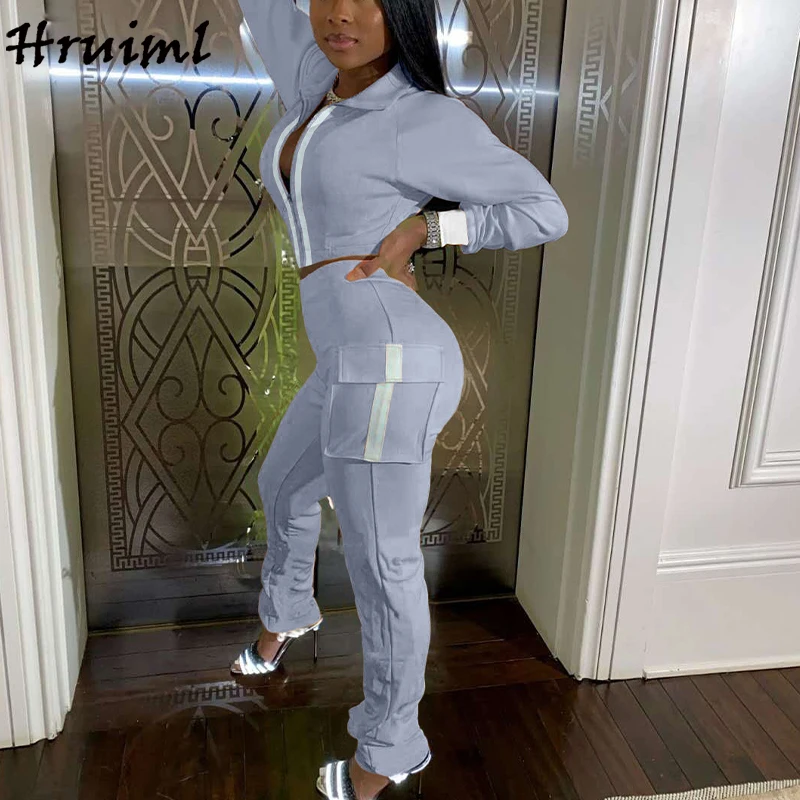 

Two Piece Set Women Fashion Long Sleeve Crop Top Full Length Pocket Pants Lounge Wear Casual Outfits Tracksuit Women Sportswear