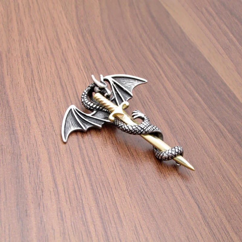 

Free Shipping Gothic 316L Stainless Steel Silver Color Black Evil Dragon Golden Plated Sword Pendant Jewelry Of Gift