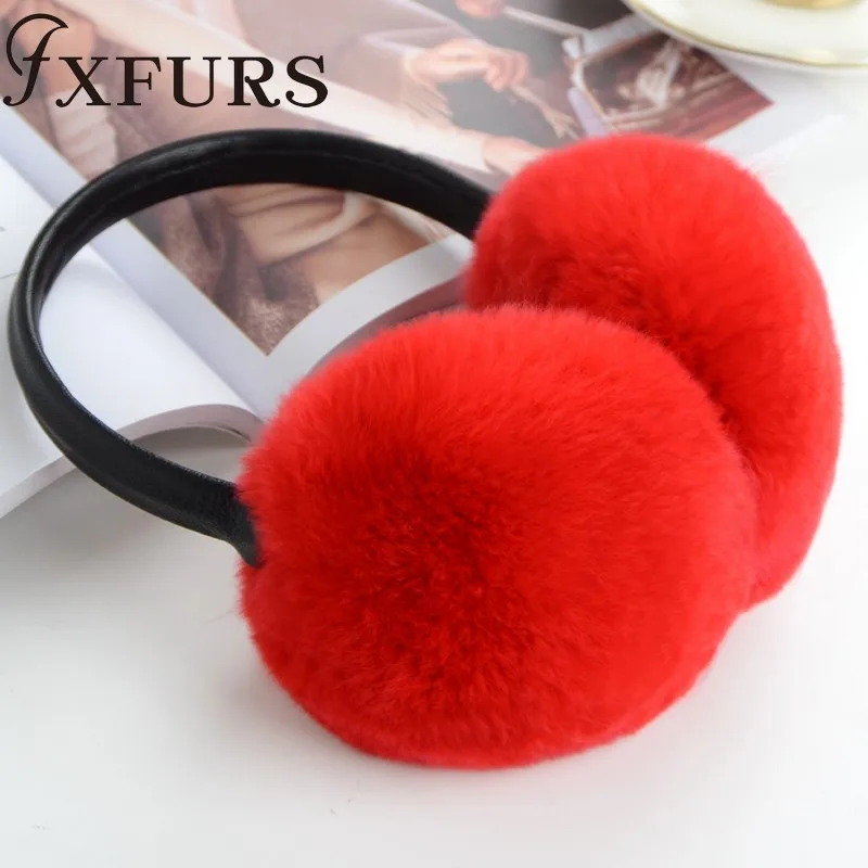 red FXFURS/ женские модные меховые наушники с кроликом Рекс, с кожаной полкой, зимние теплые меховые наушники для девочек, меховые наушники - Цвет: red