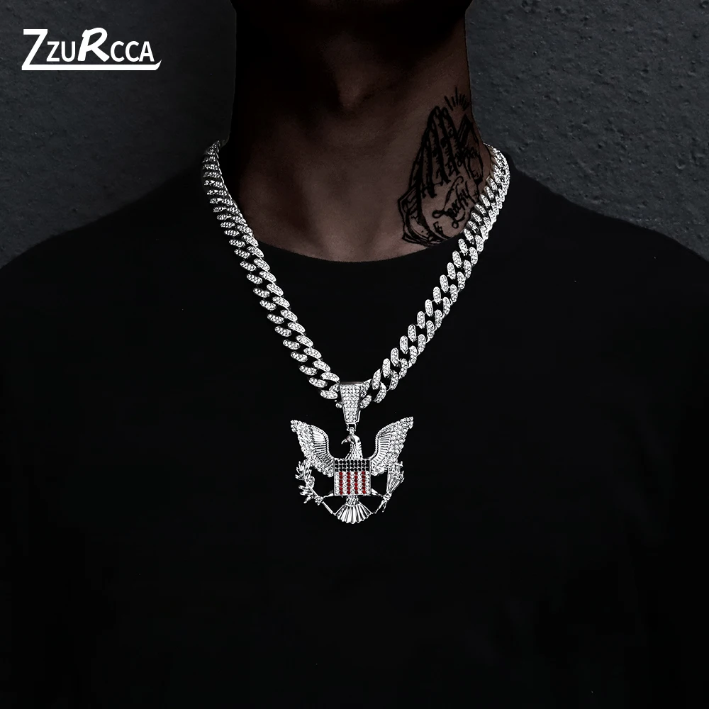 

2021 New Eagle Pendant Man Necklace Iced Out Cuban Chain Crystal Necklace for Men Choker colar masculino
