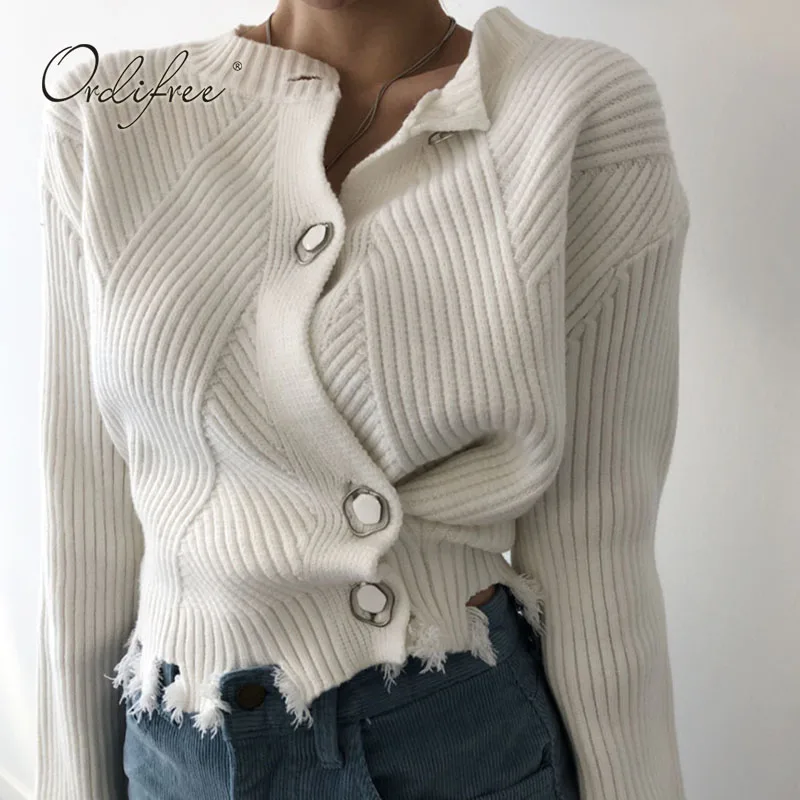 

Ordifree 2021 Autumn Women Knitted Cardigan Fashion Vintage Single Breasted Ripped Sweater Cardigan