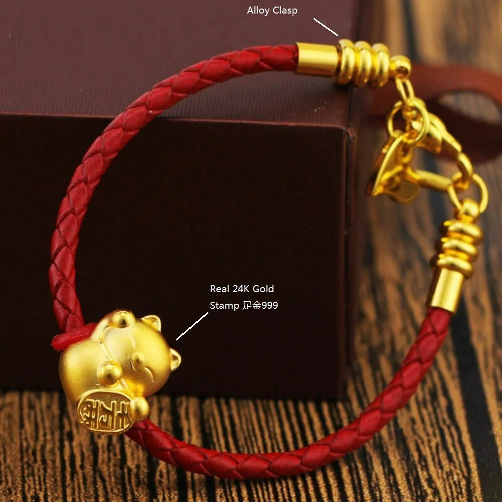 

Genuine 24K Yellow Gold Lovely Cat with Red Leather Bracelet Length from 5" to 15"