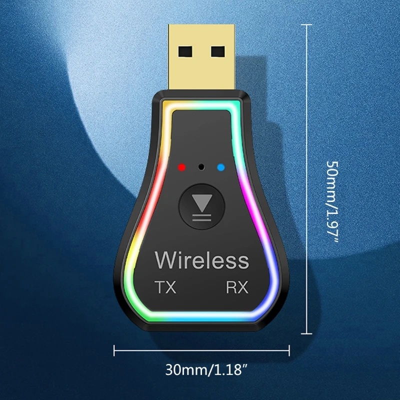 

K3NB M11 USB Dongle Bluetooth5.0 Transmitter Receiver Mini Wireless Audio Adapter 3.5mm AUX with Colorful Light for Car TV PC