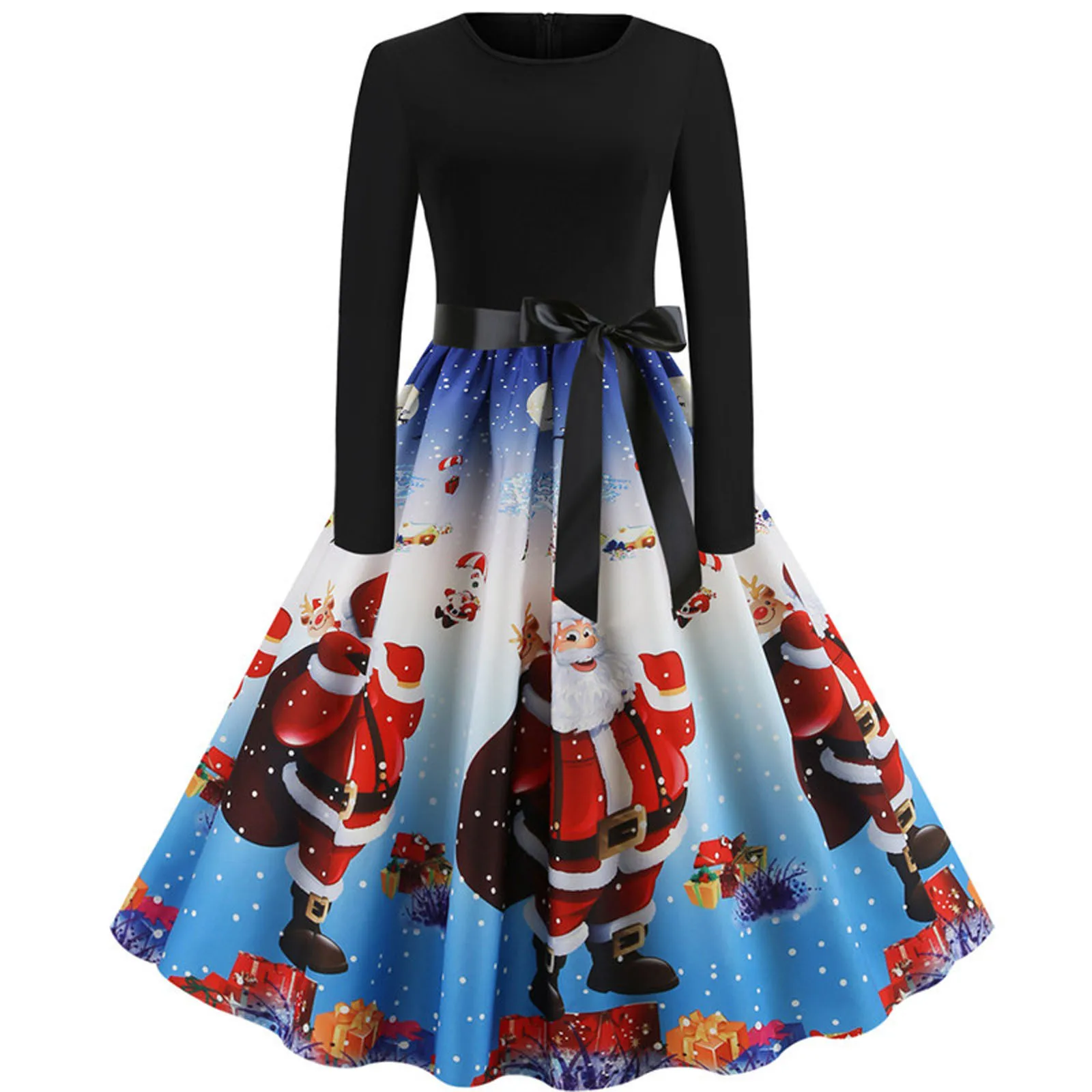 

Women Vintage Dress Long Sleeve Christmas Long Dress 1950s Housewife Evening Party Prom Fashion Princeness Dresses
