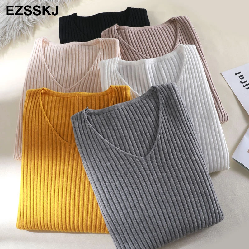 Winter Basic Knitted Tops Women Fashion Hot Sales Design Skin Tight V Neck Sweater Pink Gray White Black Blue O014 | Женская одежда