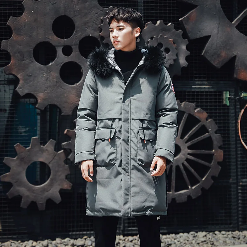 Парка мужская с капюшоном зимняя одежда с обеих сторон куртка длинная хлопковая стеганая теплая плотная Мужская однотонная куртка большой меховой воротник - Цвет: Grey