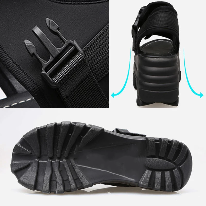 

Stretch Fabric Buckle Strap Flat With Thick Bottom Sandals Hollow Out Peep Toe Roman Shoes Fashion Platform Beach Shoes 5CM