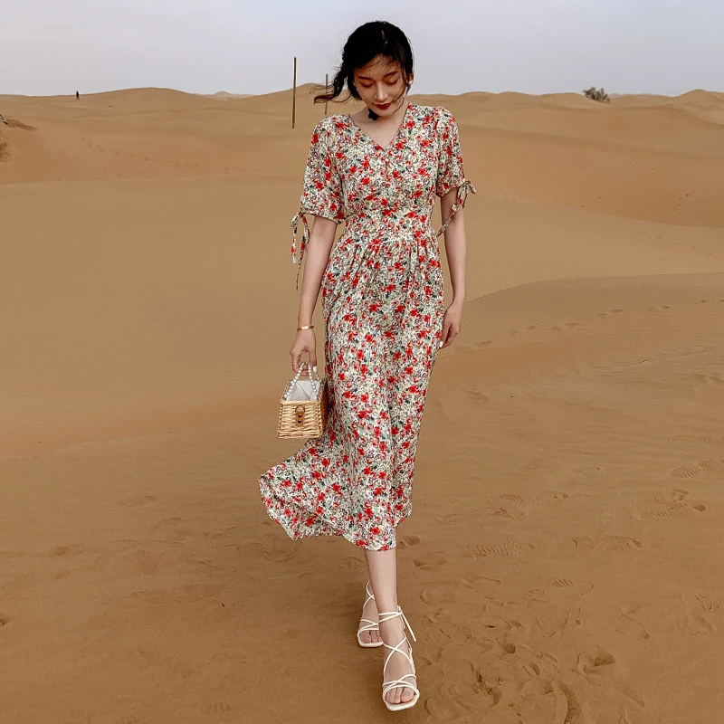 

2021 Runway Elegant Boho Vintage Korean Fairy Casual Tropical Beach Vacation Party Vestidos New Women Long Floral Dress Sundress