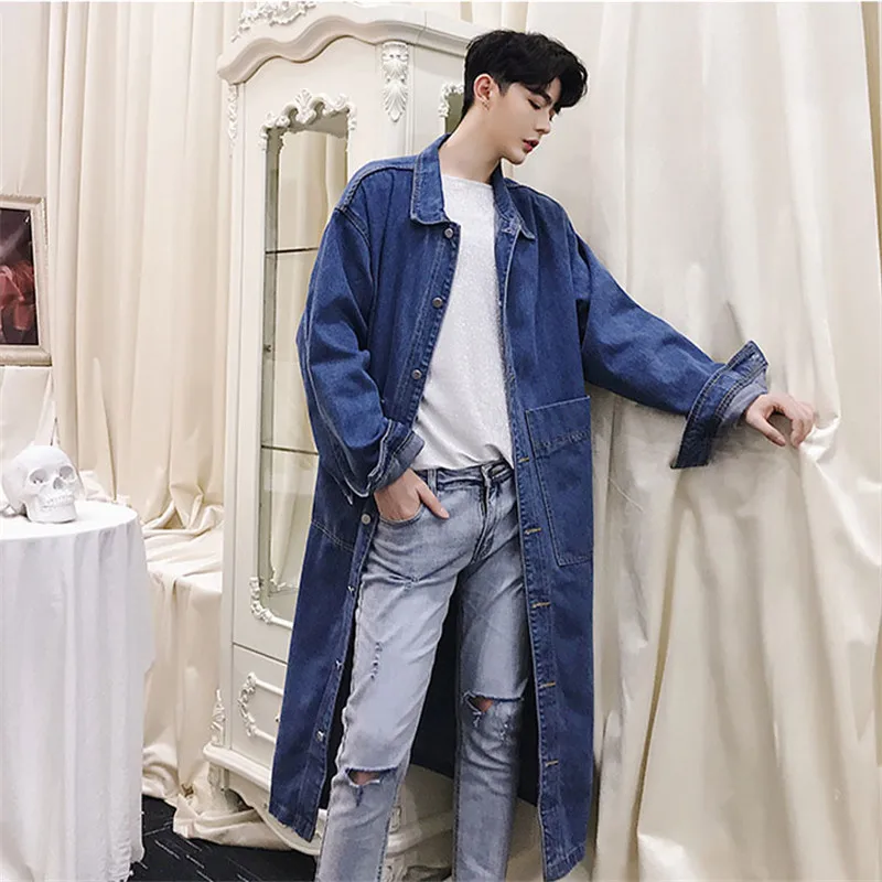 Ветровка мужская джинсовая длинная свободная однобортная куртка из денима